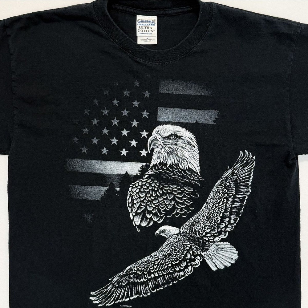 Vintage Y2K Gildan Ultra Cotton Black Bald Eagle Flag Graphic Shirt Men’s M Tee